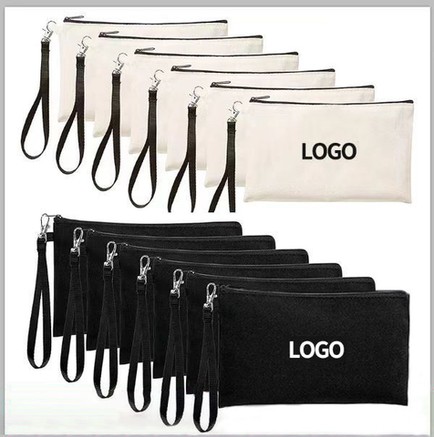 Custom Cotton Canvas Chain Pencil Bag Student Drawing Stationery Bag Black White Cotton Storage Hook Rope Makeup Bag Pouch