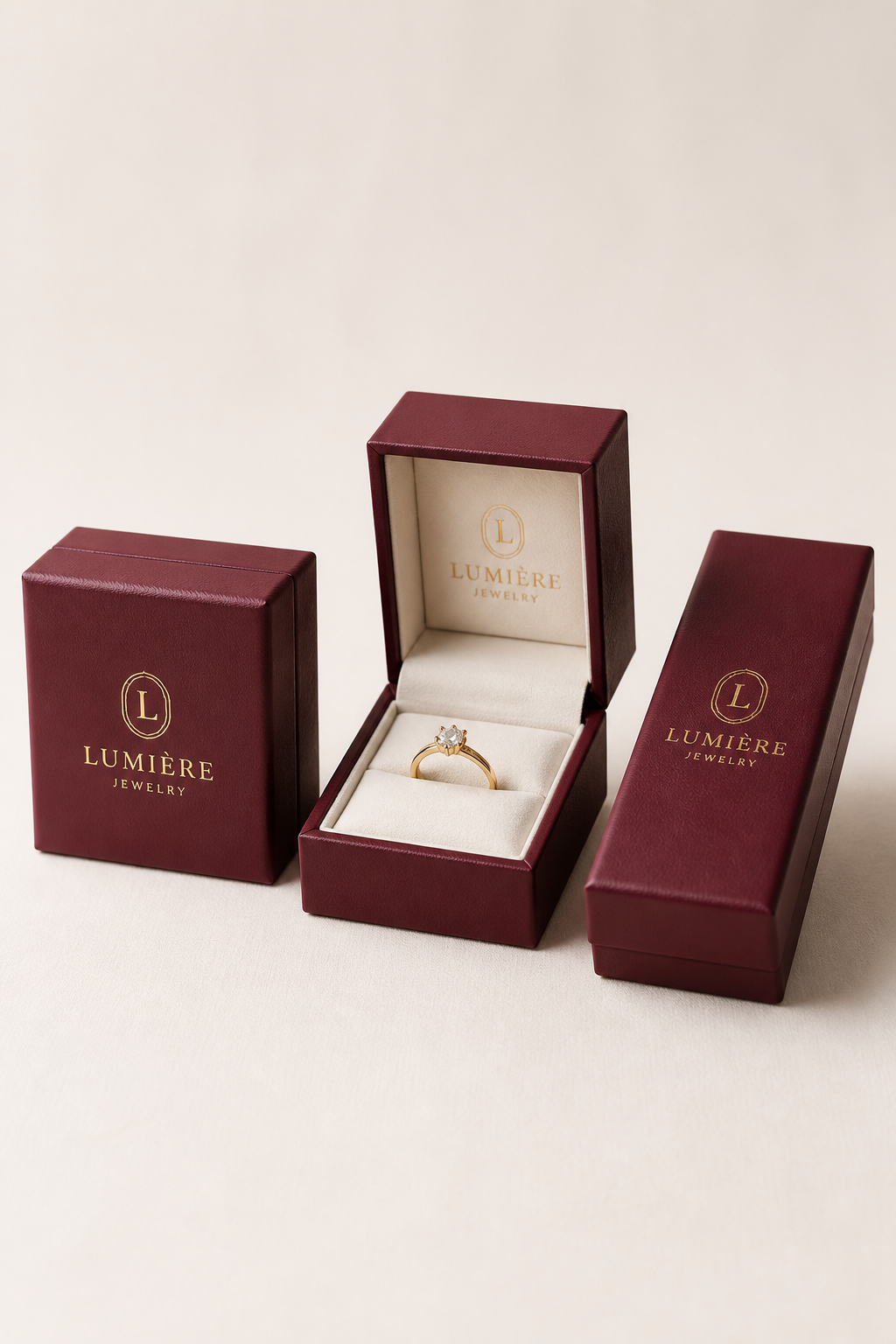 Three burgundy magnetic jewelry boxes with gold foil logo from a low-MOQ mixed order, one open with velvet interior