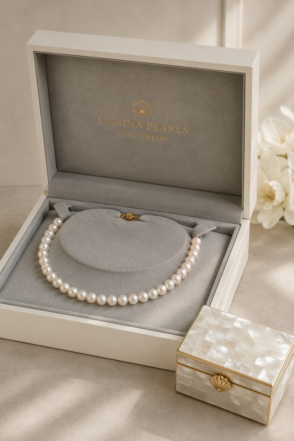 Ivory rigid jewelry box with soft gray velvet interior holding a pearl necklace in a curved strand slot, mother-of-pearl box beside