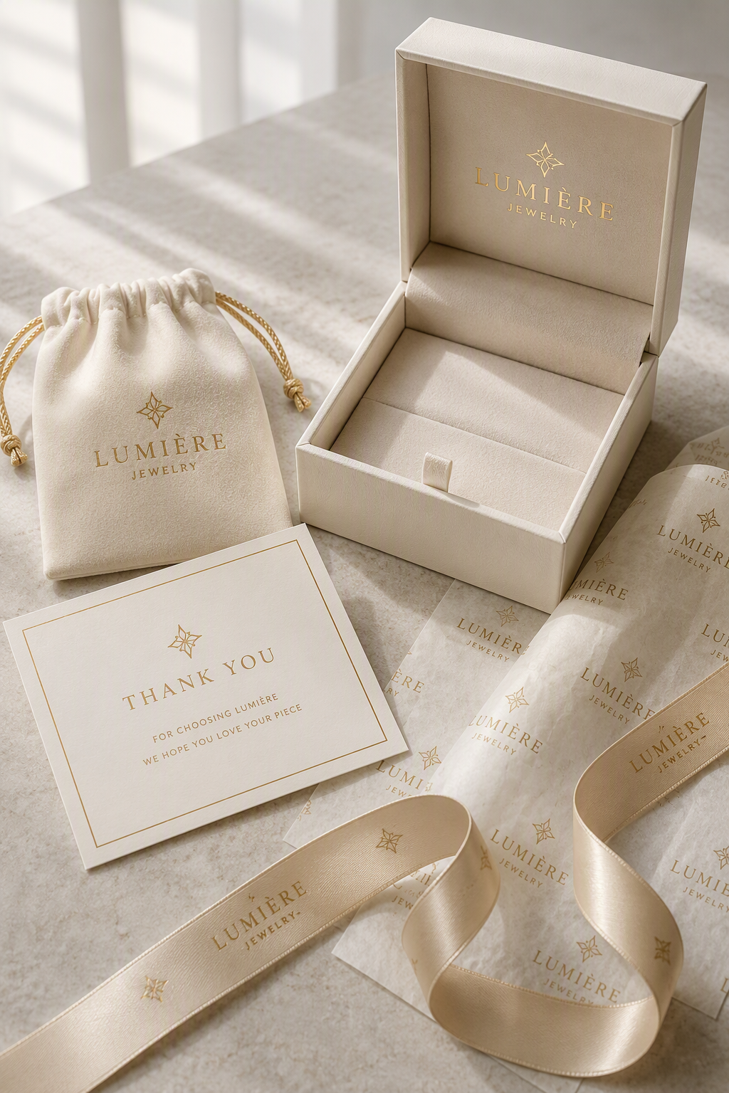 Coordinated jewelry packaging set with ivory rigid box, velvet pouch, foil-stamped card, ribbon, and tissue in matching cream and gold