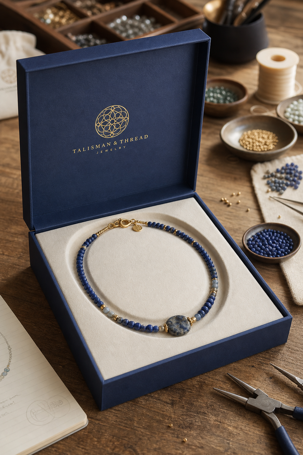 Handmade beaded necklace in an indigo rigid jewelry box with fitted ivory flocked insert, beading tools in background