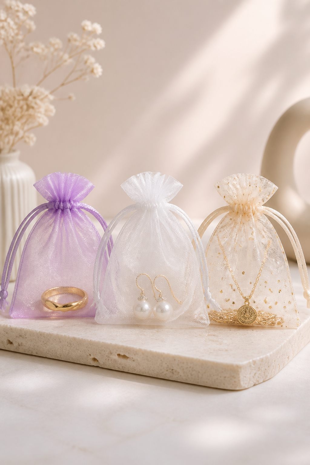 Purple drawstring organza pouch with a gold ring, white organza pouch with pearl earrings, and champagne dotted organza bag with a gold necklace