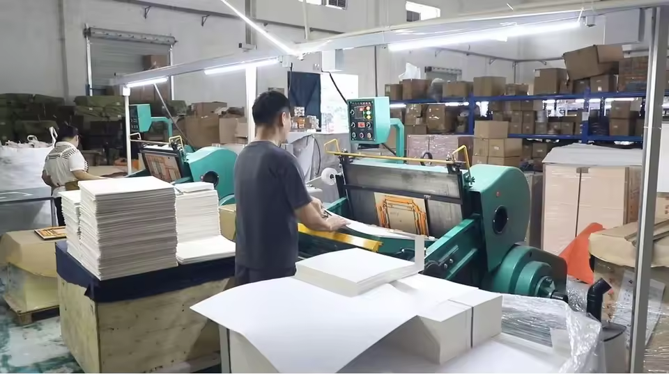 Packaging production line with industrial platen presses processing cardboard sheets for watch and jewelry boxes at a manufacturing facility in Xiamen