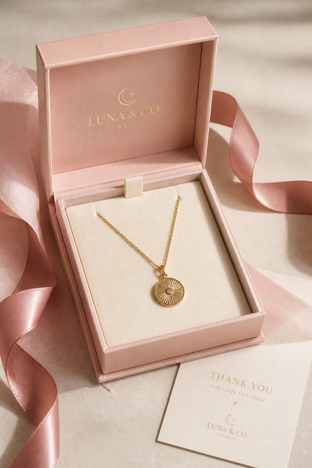 Open blush pink jewelry box with satin ribbon, gold pendant necklace on ivory flocked insert, and thank-you card — the designed unboxing moment