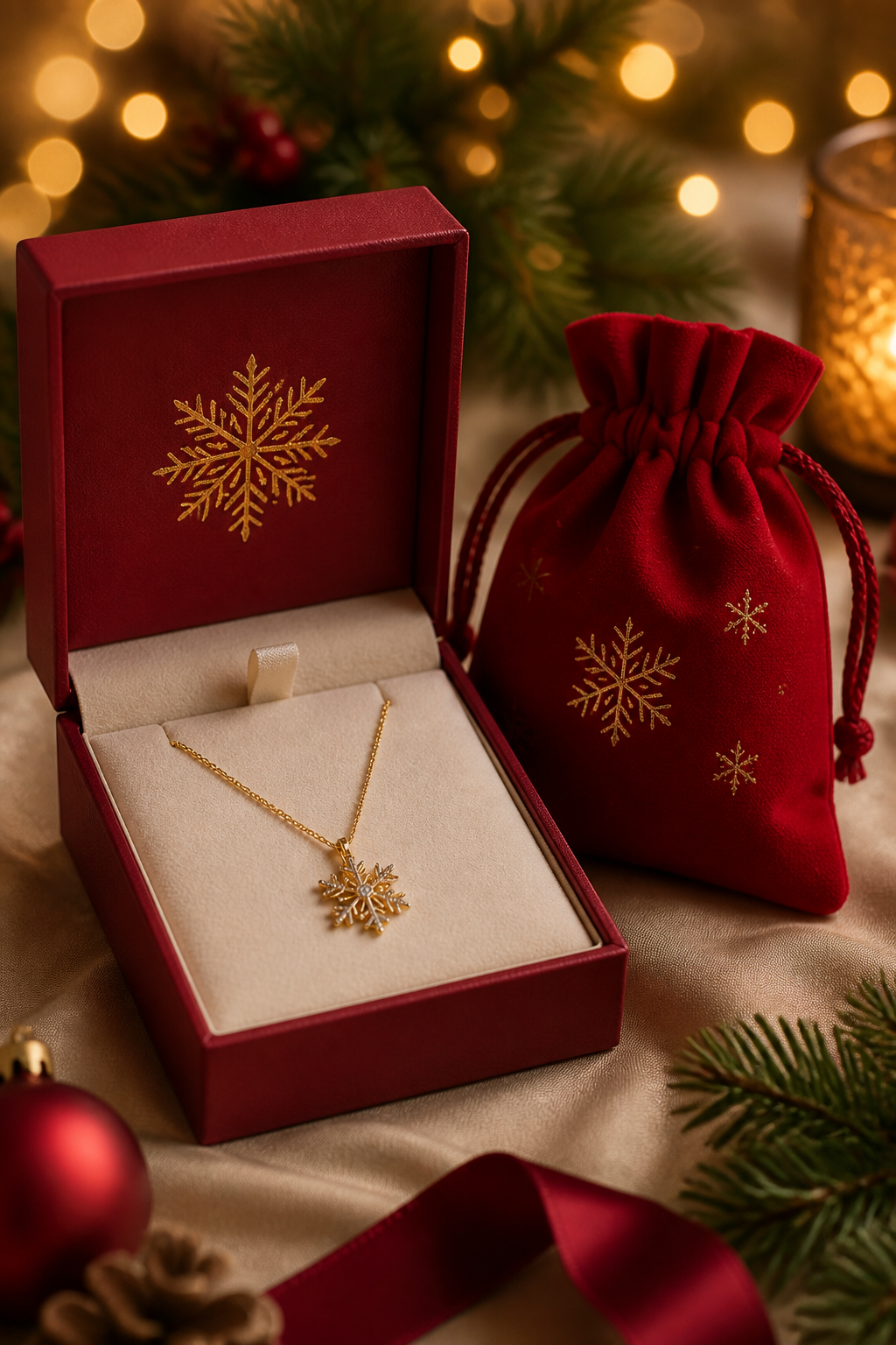 Deep red rigid jewelry box with gold snowflake foil and ivory velvet interior, red cotton drawstring gift bag beside it
