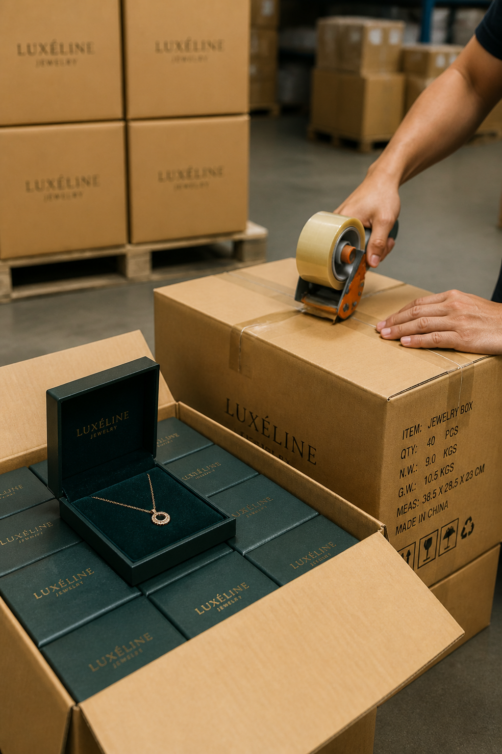 Custom rigid jewelry boxes packed in kraft shipping cartons on a warehouse floor, worker sealing a carton