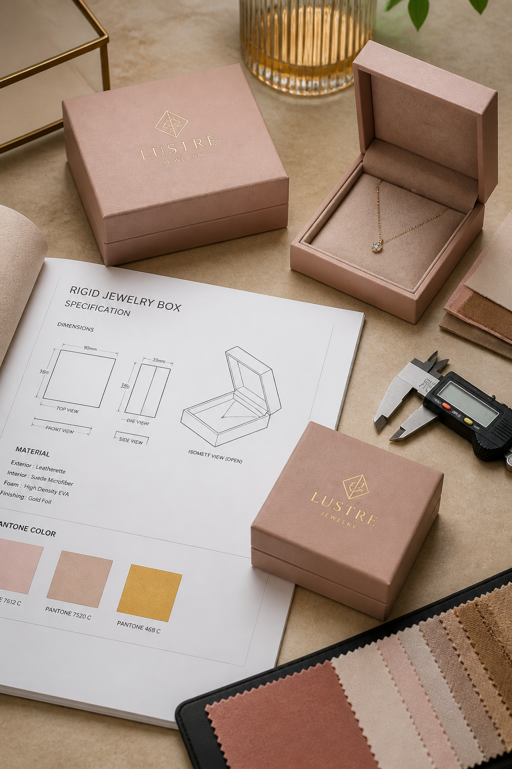 Jewelry packaging design workspace with a blush pink rigid box, technical specification sheet, Pantone color chips, and digital caliper